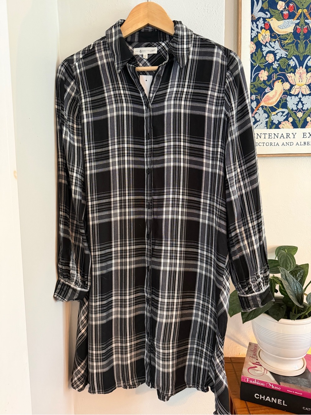 NWT Lou & Grey for LOFT Black White Plaid Swing Dress XS